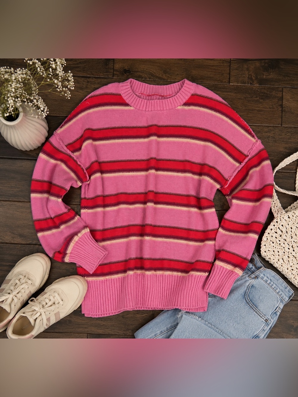 BDG Pink Striped Crewneck Sweater XS Retro Oversized Knit Pullover